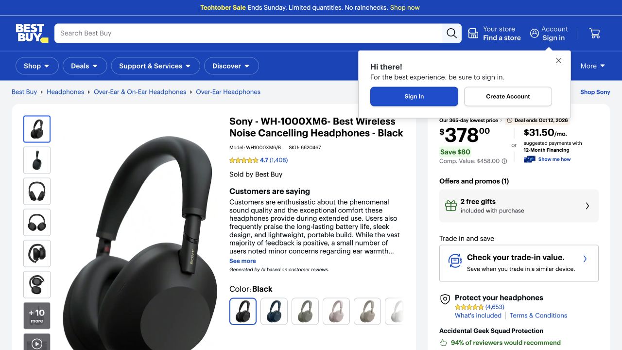 Best Buy Sony WH-1000XM6 product page with model, SKU, color and offer information.
