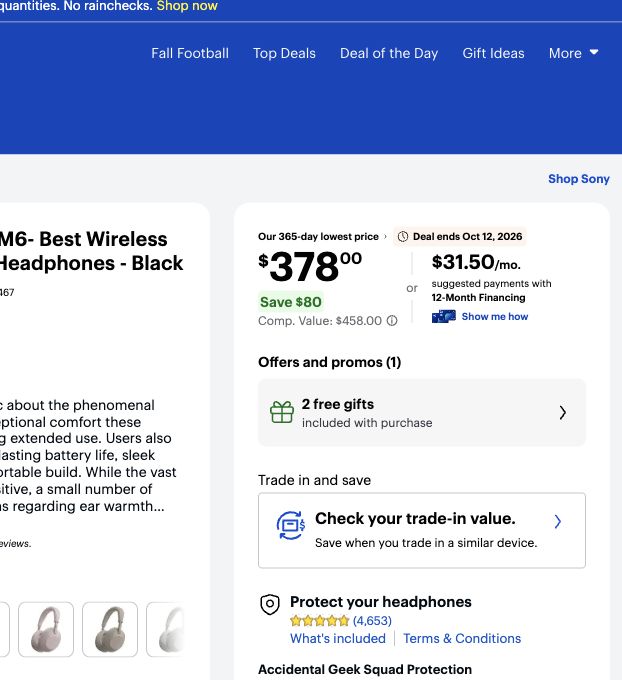 Best Buy specification panel listing wired and wireless connections, Bluetooth, true wireless, microphone, fit and battery information.
