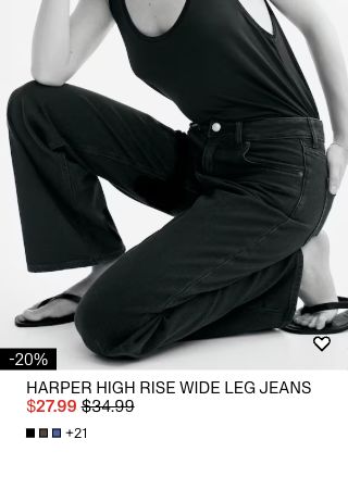 H&M Harper High Rise Wide Leg Jeans card with product photograph, 20 percent reduction, 27.99 dollar sale price and 34.99 dollar original price.