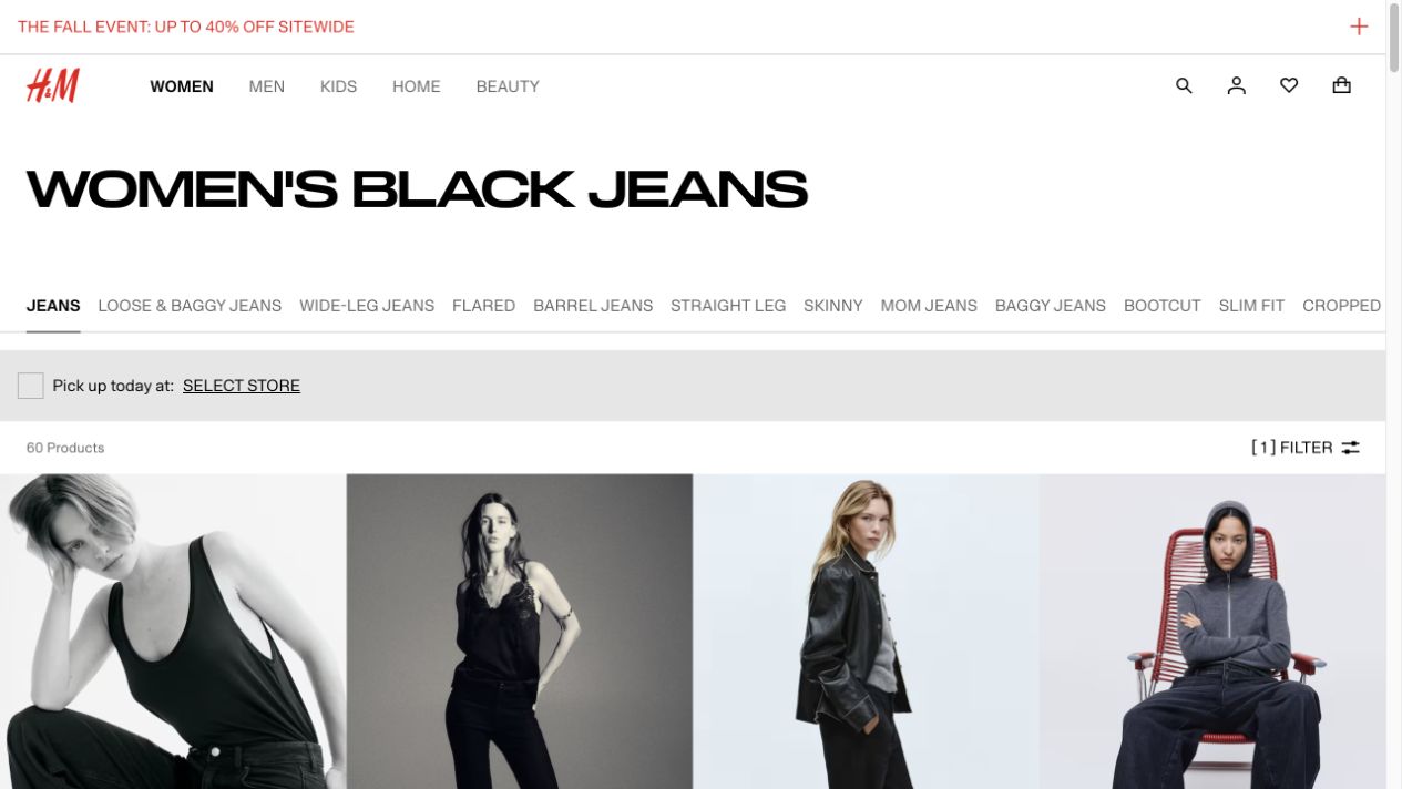 H&M Women’s Black Jeans heading, fit navigation, 60 Products and one active filter above the product grid.