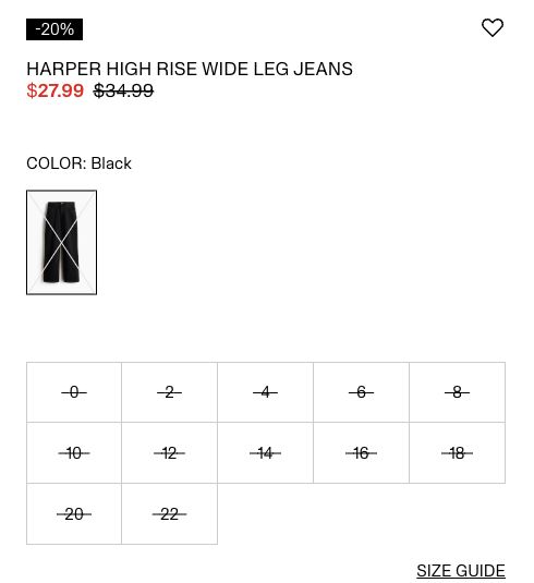 Harper High Rise Wide Leg Jeans PDP with Black selected, 27.99 dollar price, 34.99 dollar original price and crossed-out sizes 0 through 22.