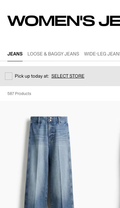 H&M mobile jeans category with fit navigation, product count and two product cards.