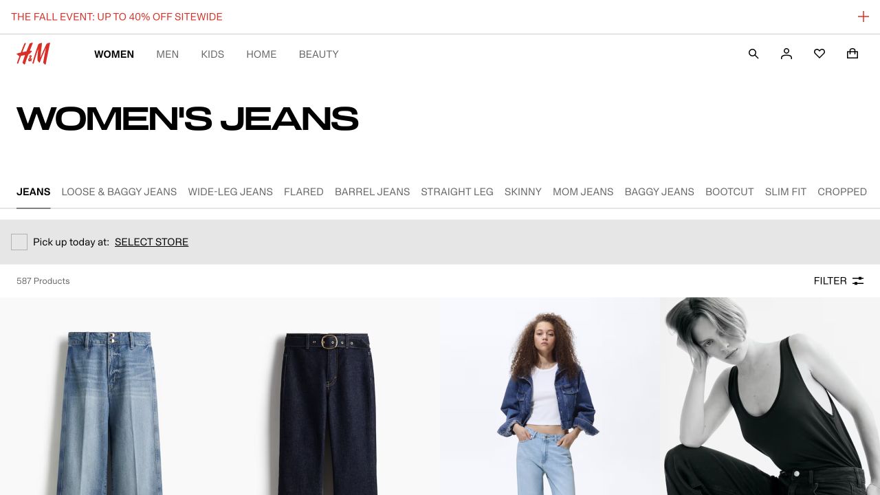 H&M women’s jeans category with fit subcategories, product count and product grid.