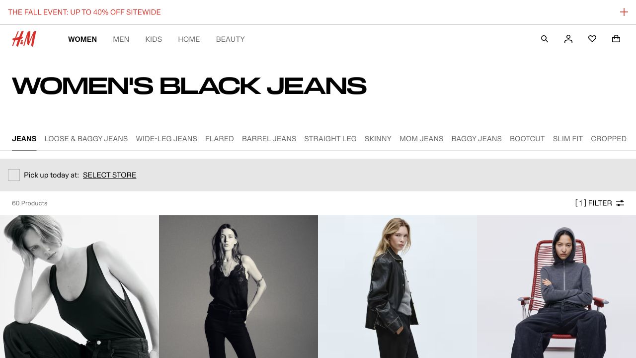 H&M jeans category after the Black filter is applied, showing 60 products and one active filter.