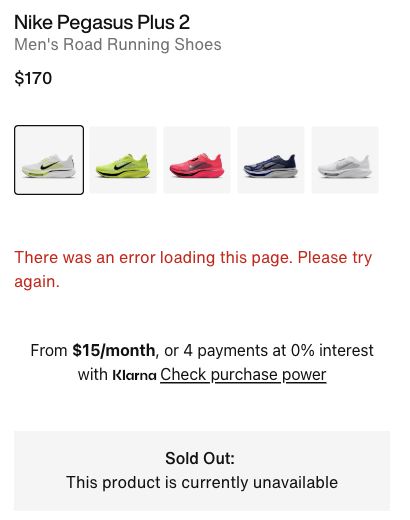 Close view of Nike’s loading error and Sold Out message.