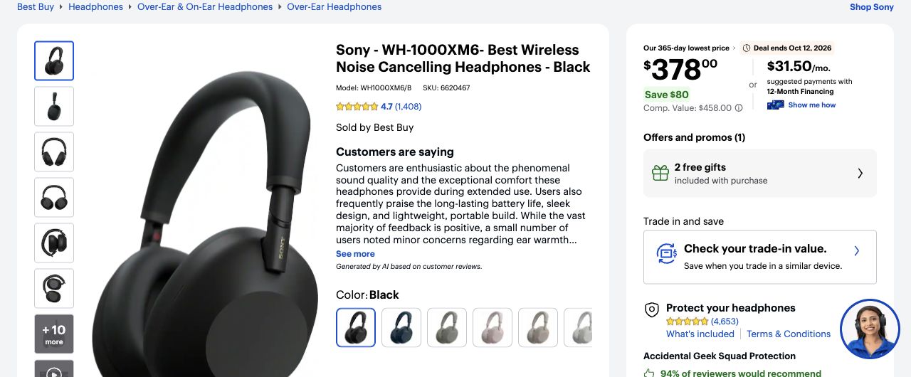 Best Buy landing page reached through the Google Shopping offer for the black Sony WH-1000XM6.