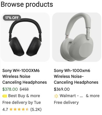Close view of two Shopping cards with product title, price, seller and delivery information.