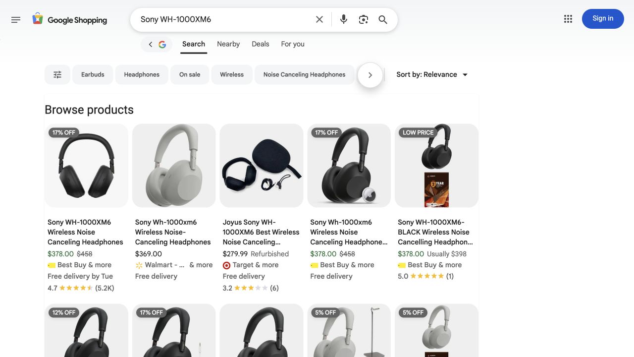 Google Shopping results in English and US dollars showing different sellers, colors, prices and refurbished offers for Sony WH-1000XM6.