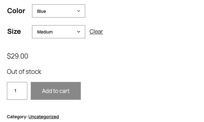 WooCommerce storefront with Blue and Medium selected, 29 dollars, Out of stock and a grey Add to cart control.