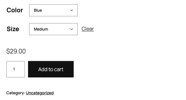 Real WooCommerce storefront with Blue and Medium selected, 29 dollars and a dark Add to cart button.