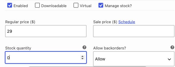 Real WooCommerce variation editor showing regular price 29, stock quantity zero and Allow backorders set to Allow.