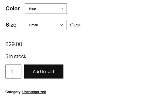 WooCommerce storefront with Blue and Small selected, 29 dollars, five in stock and a dark Add to cart button.